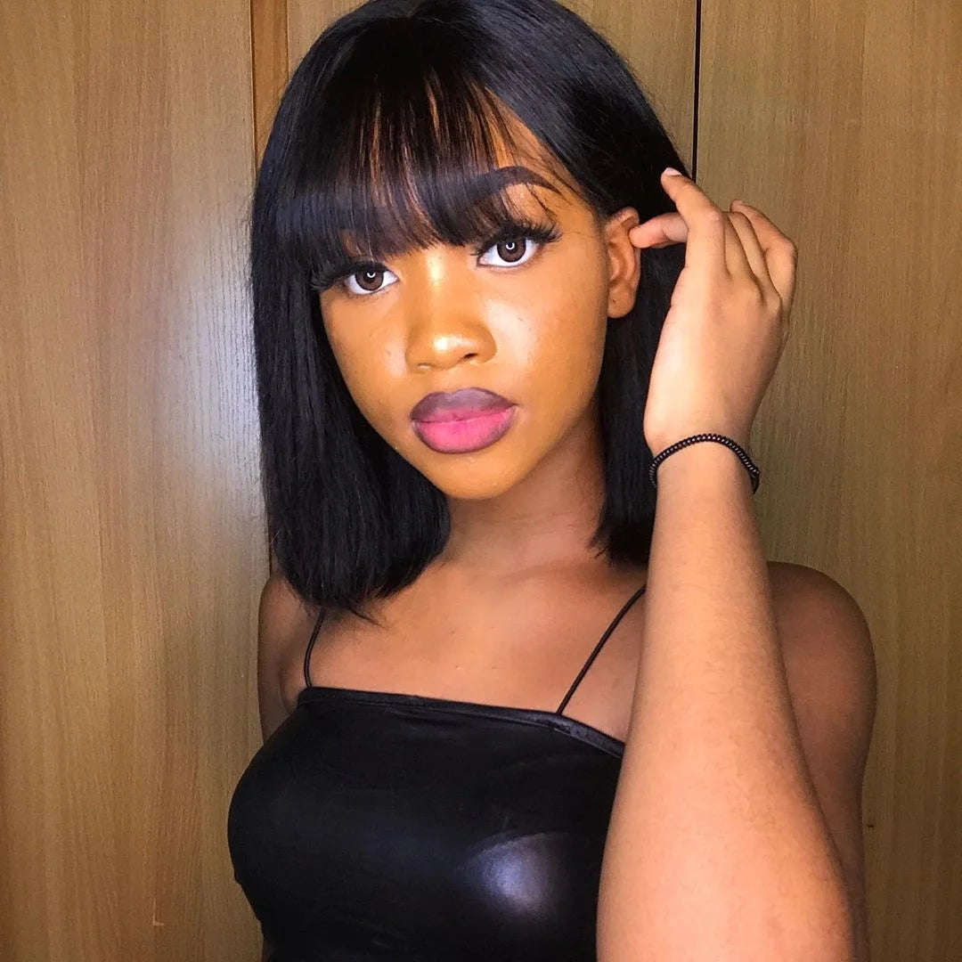 Short Straight Bob Wig With Bangs Short Brazilian Human Hair 200 density  No Lace - theultimatemarketshop