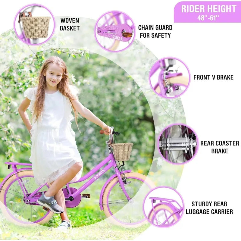 20 Inch Kid Bike Girls Bicycle with Basket, Single Speed Carbon Steel Frame Front V Brake and Rear Coaster Brake