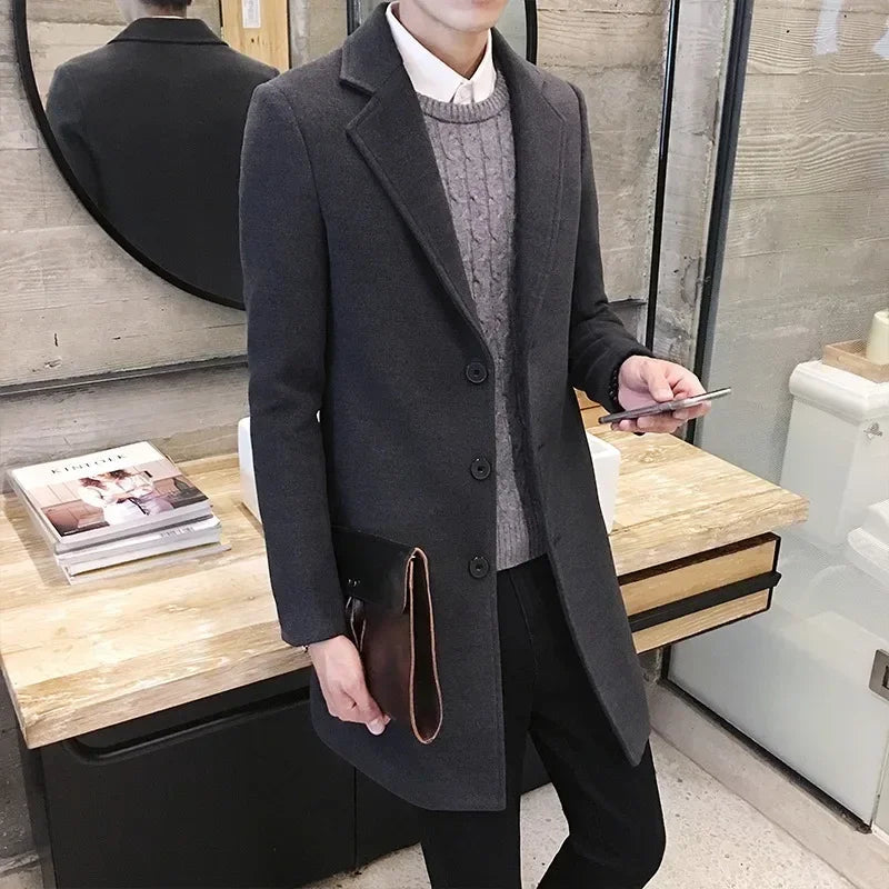 Men Long Cotton Coat  Autumn/Winter New Wool Blend Pure Color Casual Business Fashion