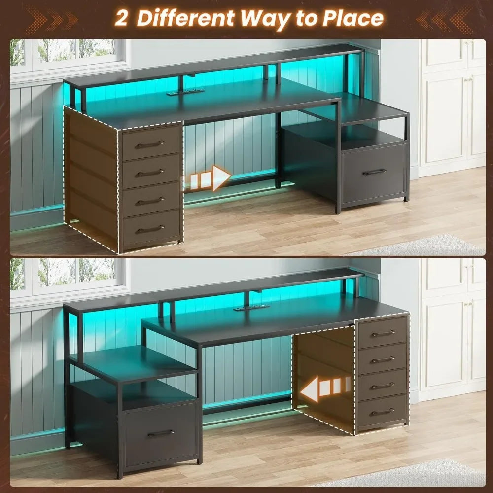 Computer Desk with 5 Drawers, Power Socket and LED Light, 66 Inch Home Office Desk with File Drawer, Game Desk,