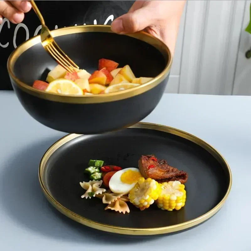 Nordic Ceramic Black Gold Rimmed Rice Bowl Bowl Soup Bowl Plate Plate Plate Spoon Creative Home Tableware Set