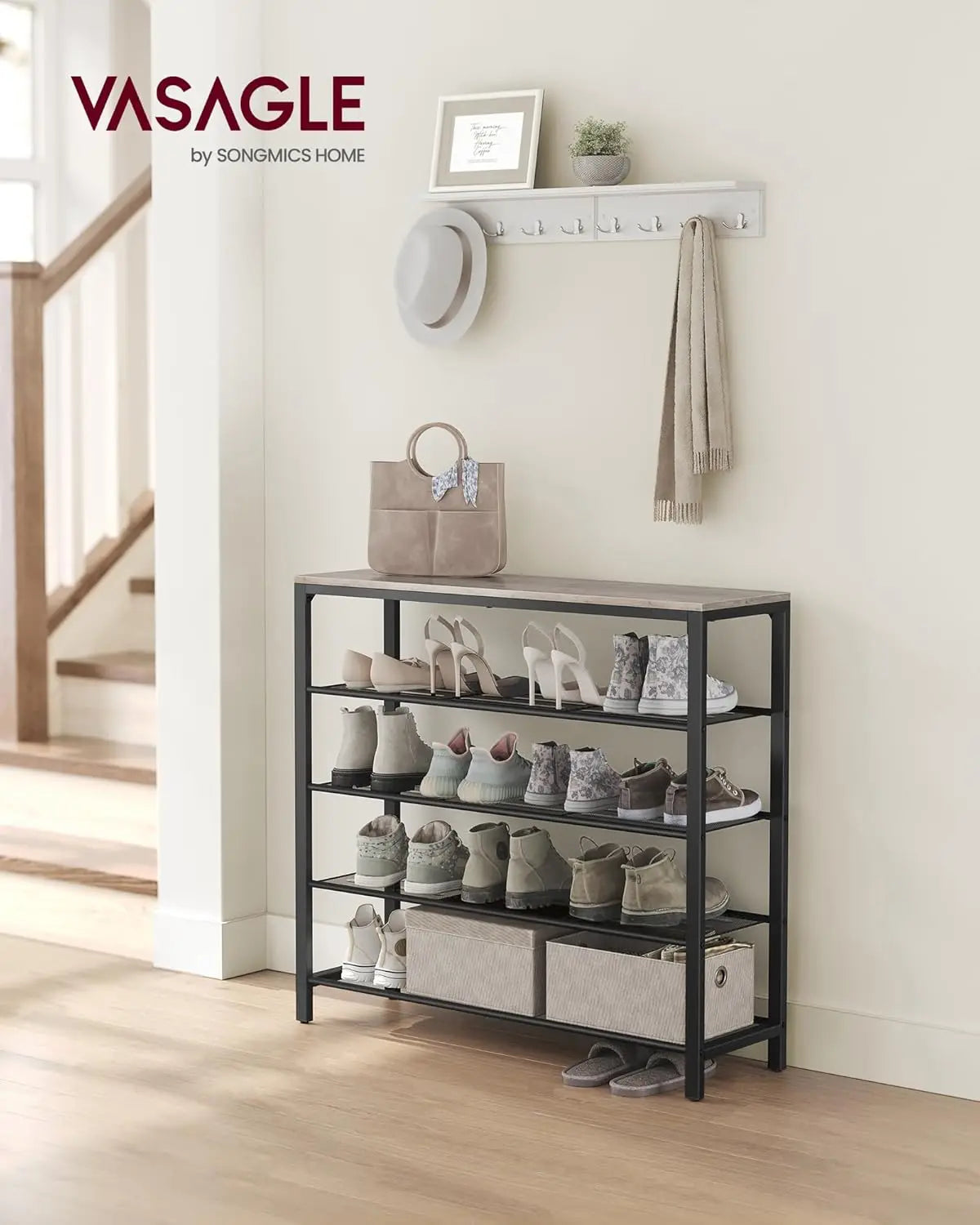 Shoe Rack, Organizer for Closet with 4 Mesh Shelves and Large Top for Bags, Entryway Hallway Shelf, Steel Frame