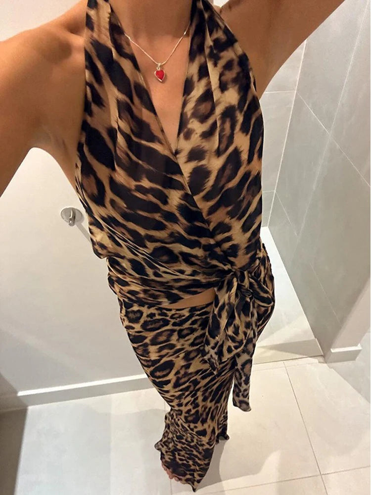 Leopard Print Bodycon Women Maxi Dress Set Summer Halter Backless Wrap Crop Top Long Skirts - theultimatemarketshop