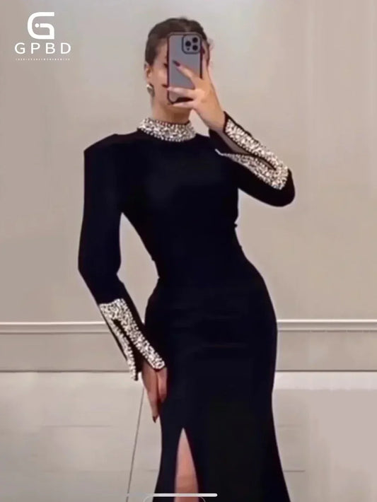 Women's 2024 Black Long Sleeves Diamonds Tight Sexy Split Celebrity Cocktail Party Long Dress Maxi Gowns