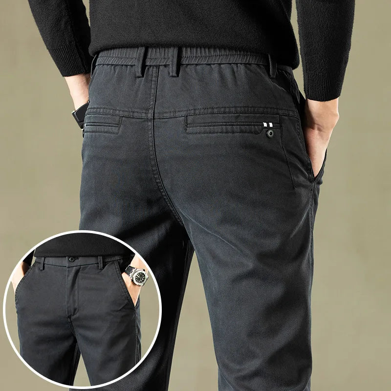 Men's Casual Pants Elastic Waist Thick Classic Slim Trousers - theultimatemarketshop