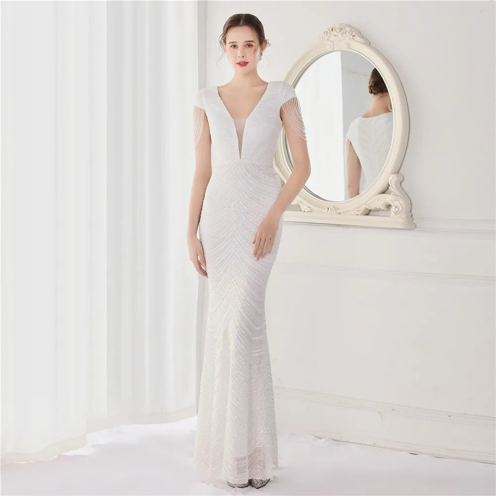 Elegant V Neck Mermaid Evening Dress Long Luxury Beads Women Evening Party Dresses New Formal Dress