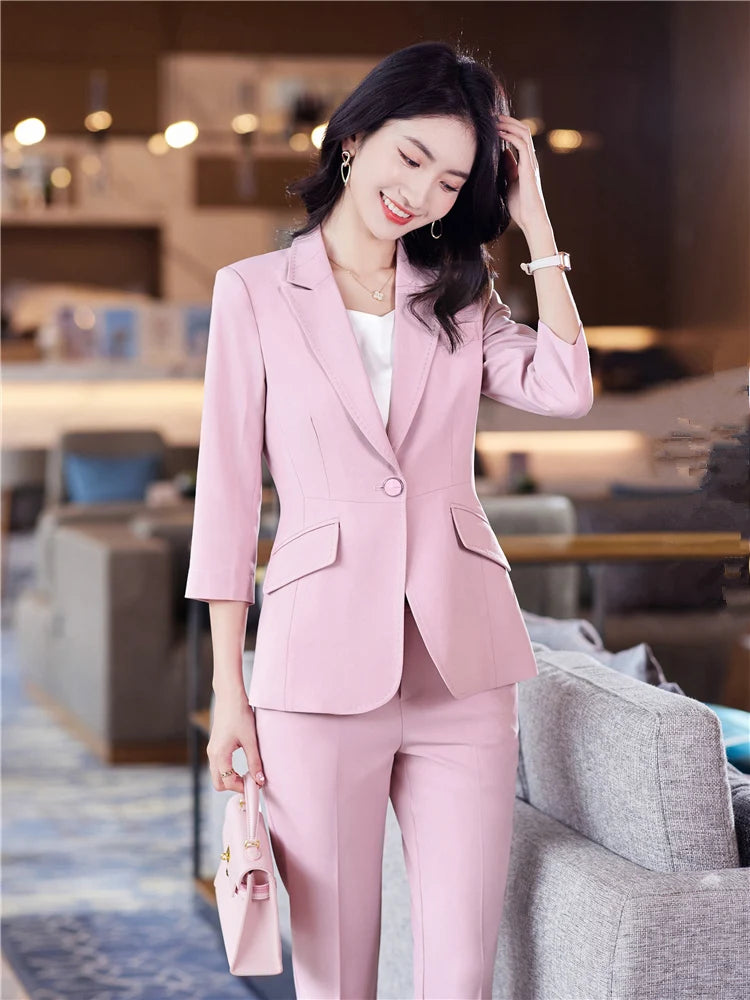 Women's 2 Piece Set Office Suit  Blazer Pantsuit Simple Solid Color Half Sleeve Top + Trousers - theultimatemarketshop