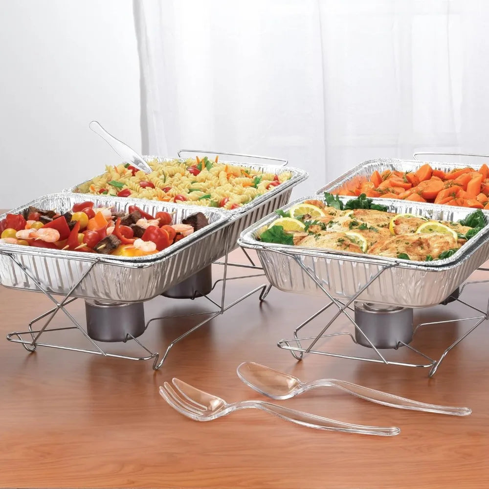 Full Size 39-Pcs Disposable Chafing Buffet Set with 6hr Fuel Cans, Covers, Serving Utensils - Premium Chafing Dish Set for Cater