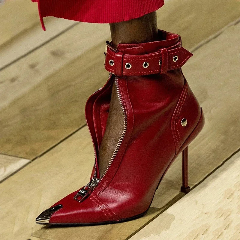 Belt Buckle Front Zipper Fashion Show Short Boots Women's Autumn/Winter New Pointed Metal Decoration Red High Heels Ankle Boots