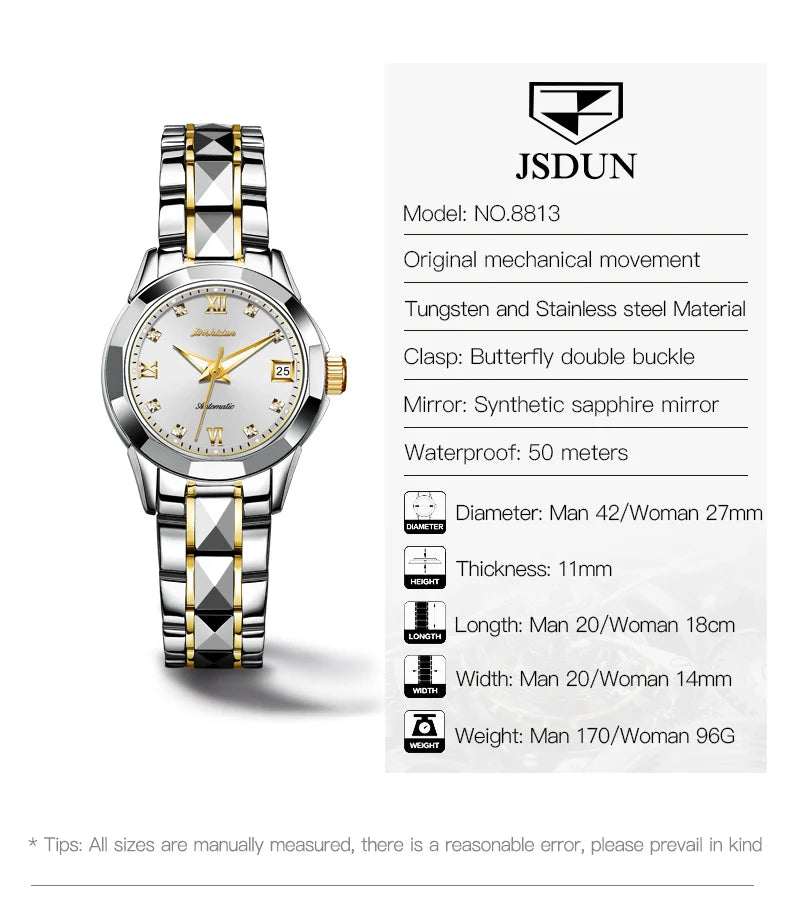 JSUDN Original Mechanical Wrist watch for Women Luxury Tungsten Steel Strap - theultimatemarketshop