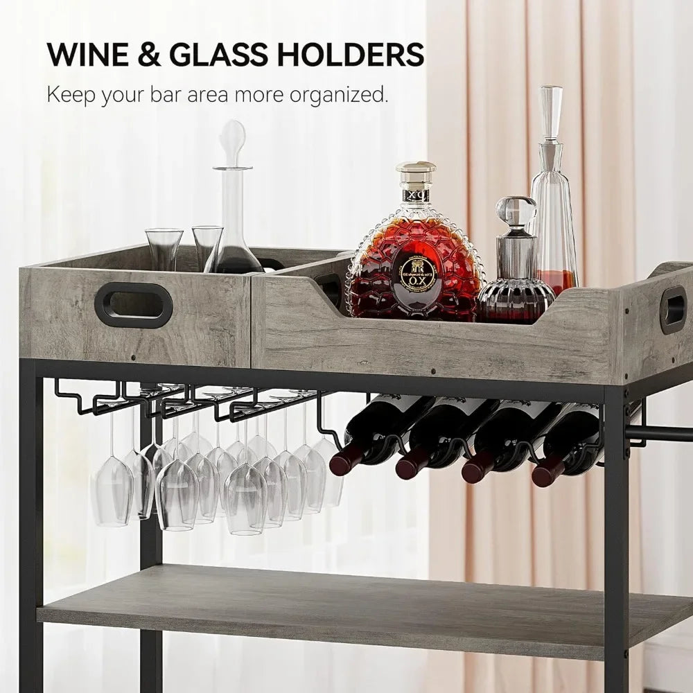 Wine Rack Industrial Serving Cart for Kitchen Two Portable Trays Glass Holder Barware Dining Bar