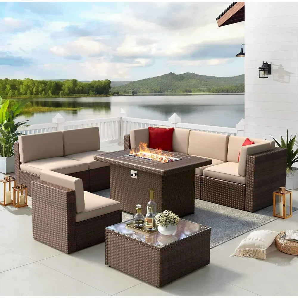 Outdoor Garden Furniture 8 Pieces Set with 40" Fire Pit  Sofa Sets, Wicker Furniture Set with Coffee Table,