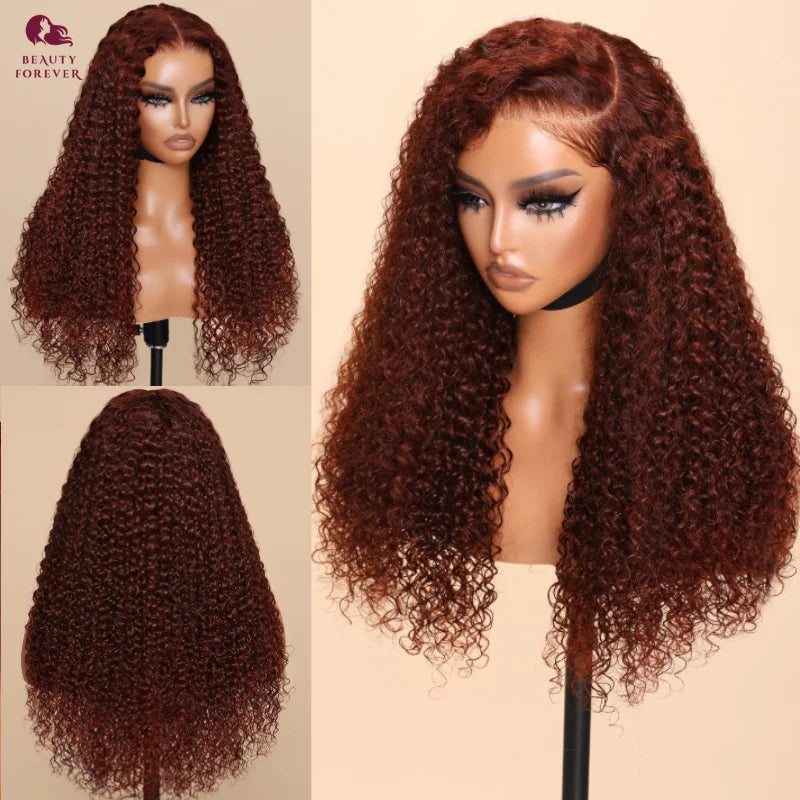 Lace Frontal Wig Curly Glue less Human Hair Wig Reddish Brown Transparent Lace Front Wig