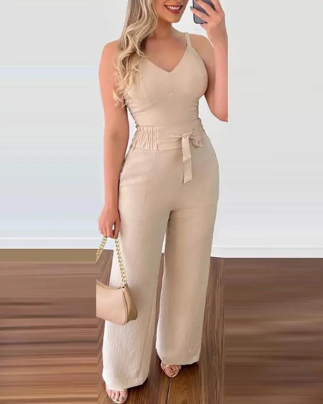 Two Piece Set Women Spring Fashion Shirred V-Neck Sleeveless Cami Top & Casual High Waist Pocket Design Pants - theultimatemarketshop