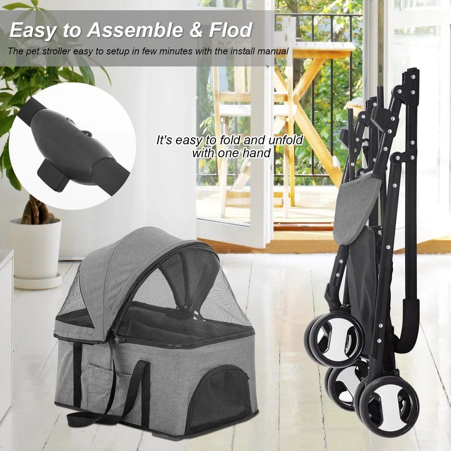 3 Wheels 3-in-1 Pet Stroller Dog Cat Folding Multifunction Travel Stroller Grey