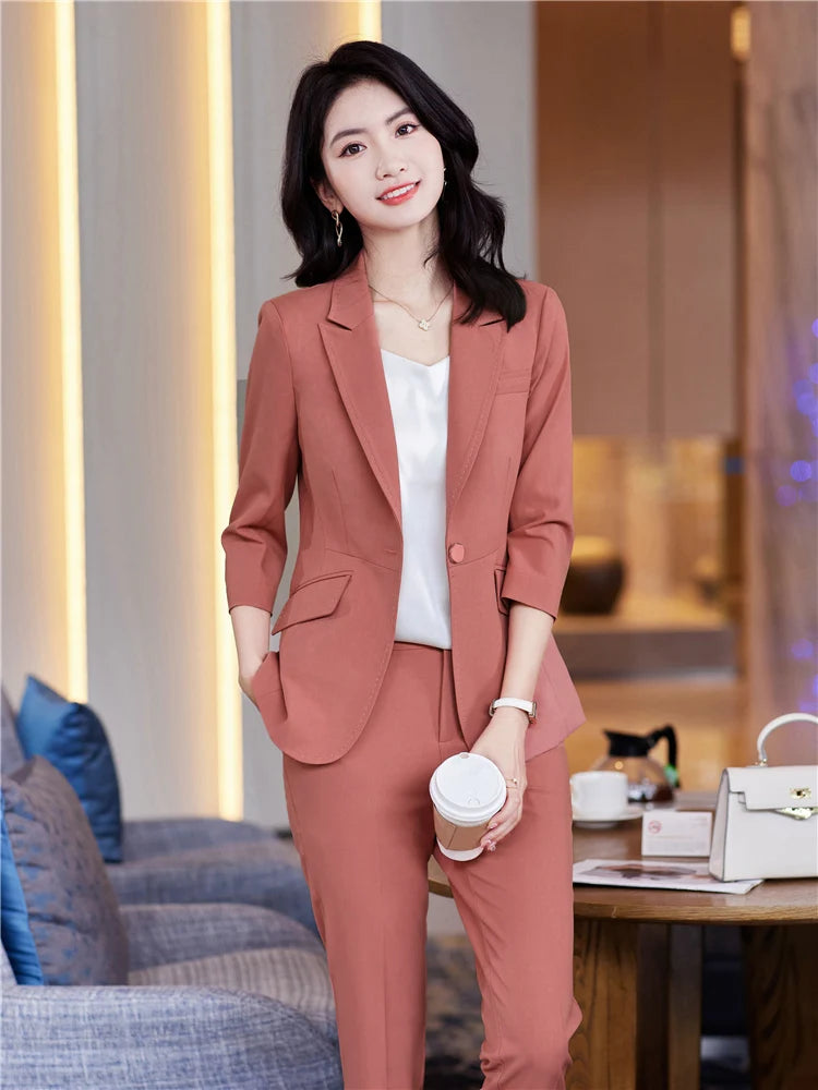 Women's 2 Piece Set Office Suit  Blazer Pantsuit Simple Solid Color Half Sleeve Top + Trousers - theultimatemarketshop