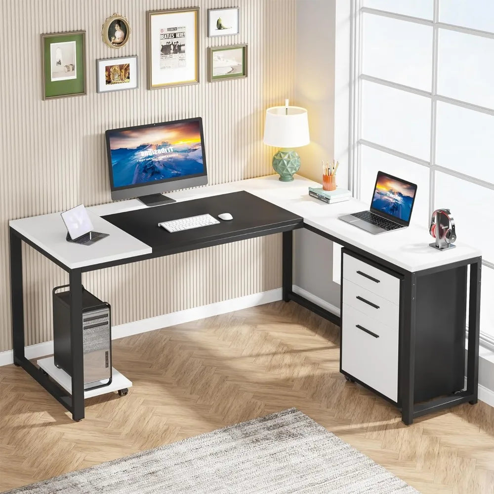 L-Shaped Computer Desk with, Large Executive Desk with 3 Drawer File Cabinet, Home Office Business Set