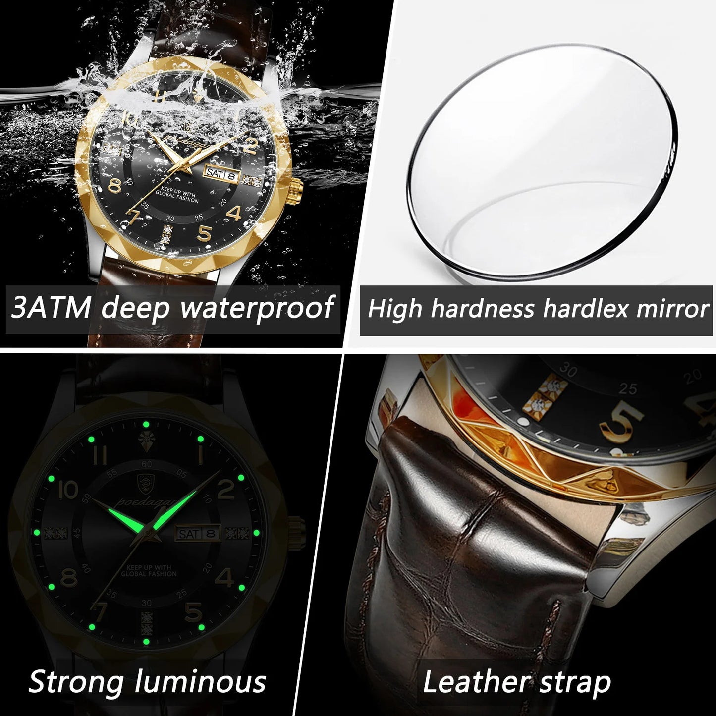 Luxury High Quality Luminous Date Week Watches for Men Sport Quartz Leather band Waterproof