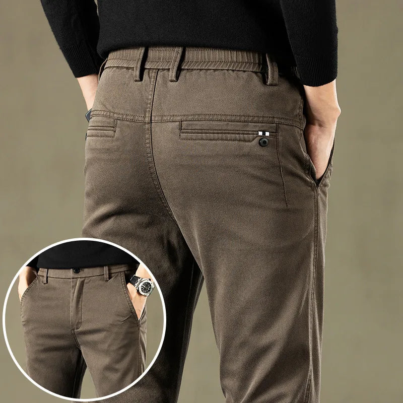 Men's Casual Pants Elastic Waist Thick Classic Slim Trousers - theultimatemarketshop