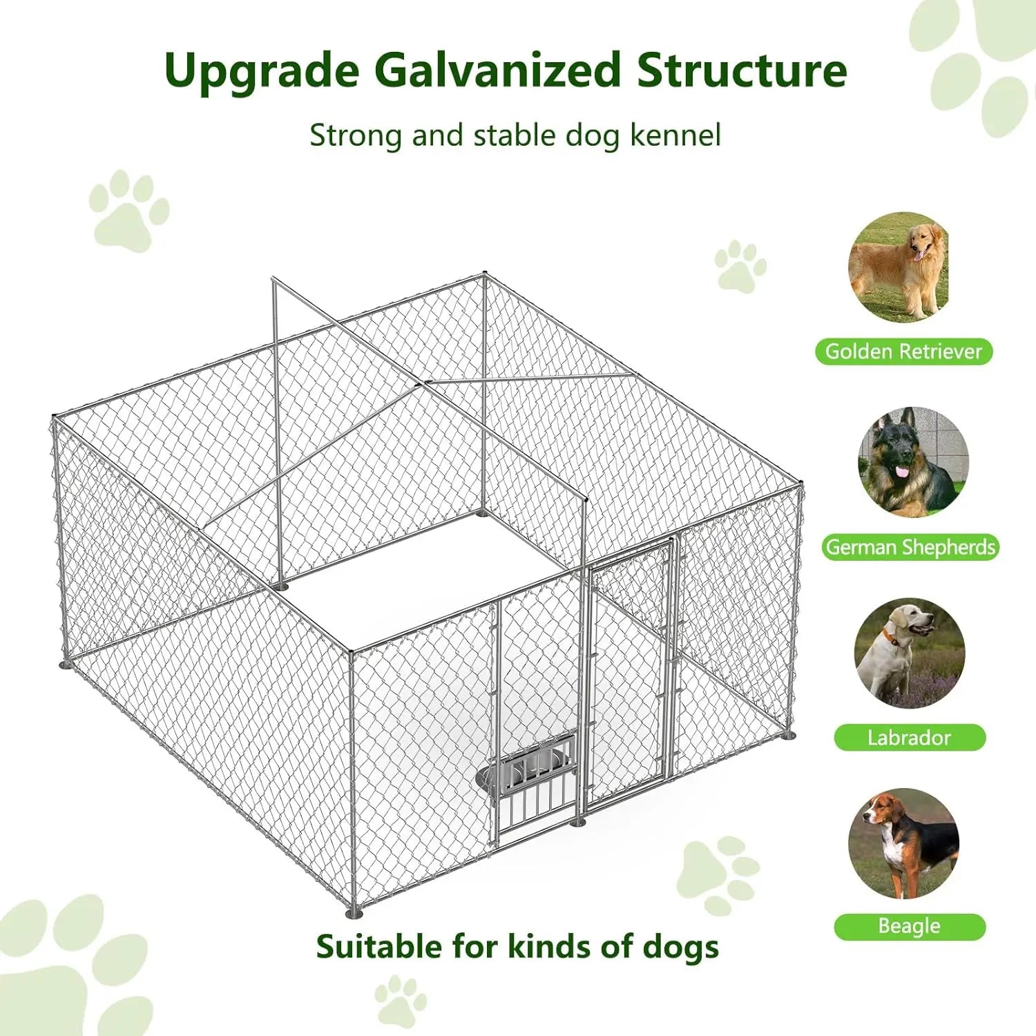 Dog Kennel Outdoor with Roof and Openable Feeding Doors, Large Dog House Pen Enclosure Heavy Duty Chain Link Dog Kennel - theultimatemarketshop