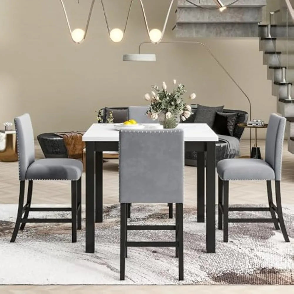 5-piece Counter Height Dining Table Set with One Faux Marble Top Dining Table and Four Velvet-Upholstered Chairs, Grey