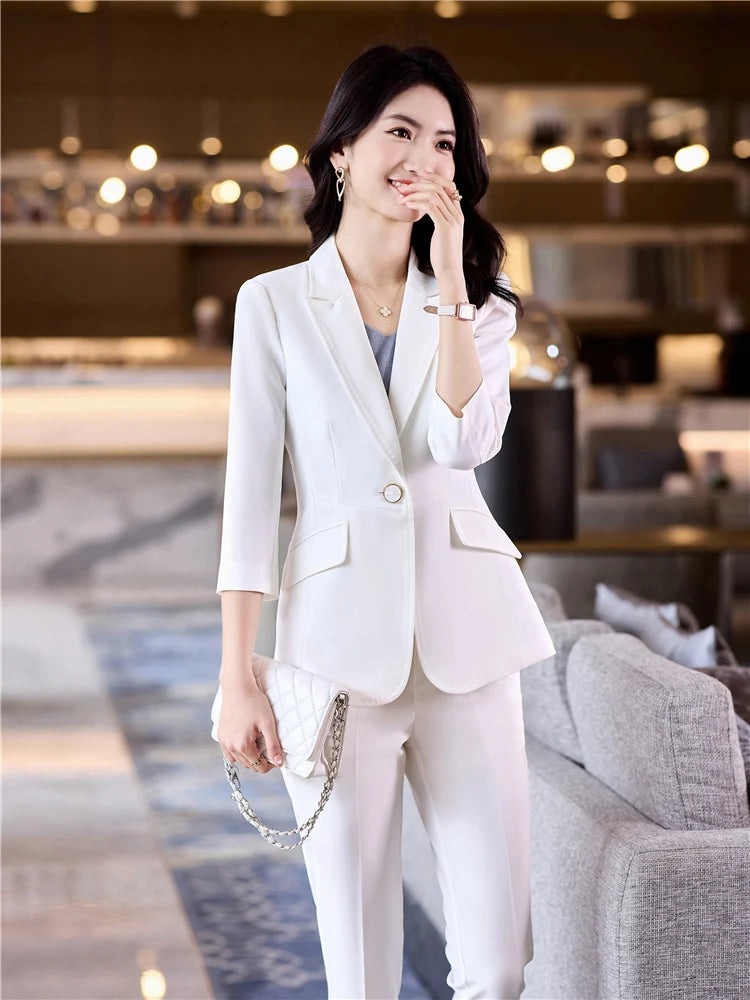 Women's 2 Piece Set Office Suit  Blazer Pantsuit Simple Solid Color Half Sleeve Top + Trousers - theultimatemarketshop