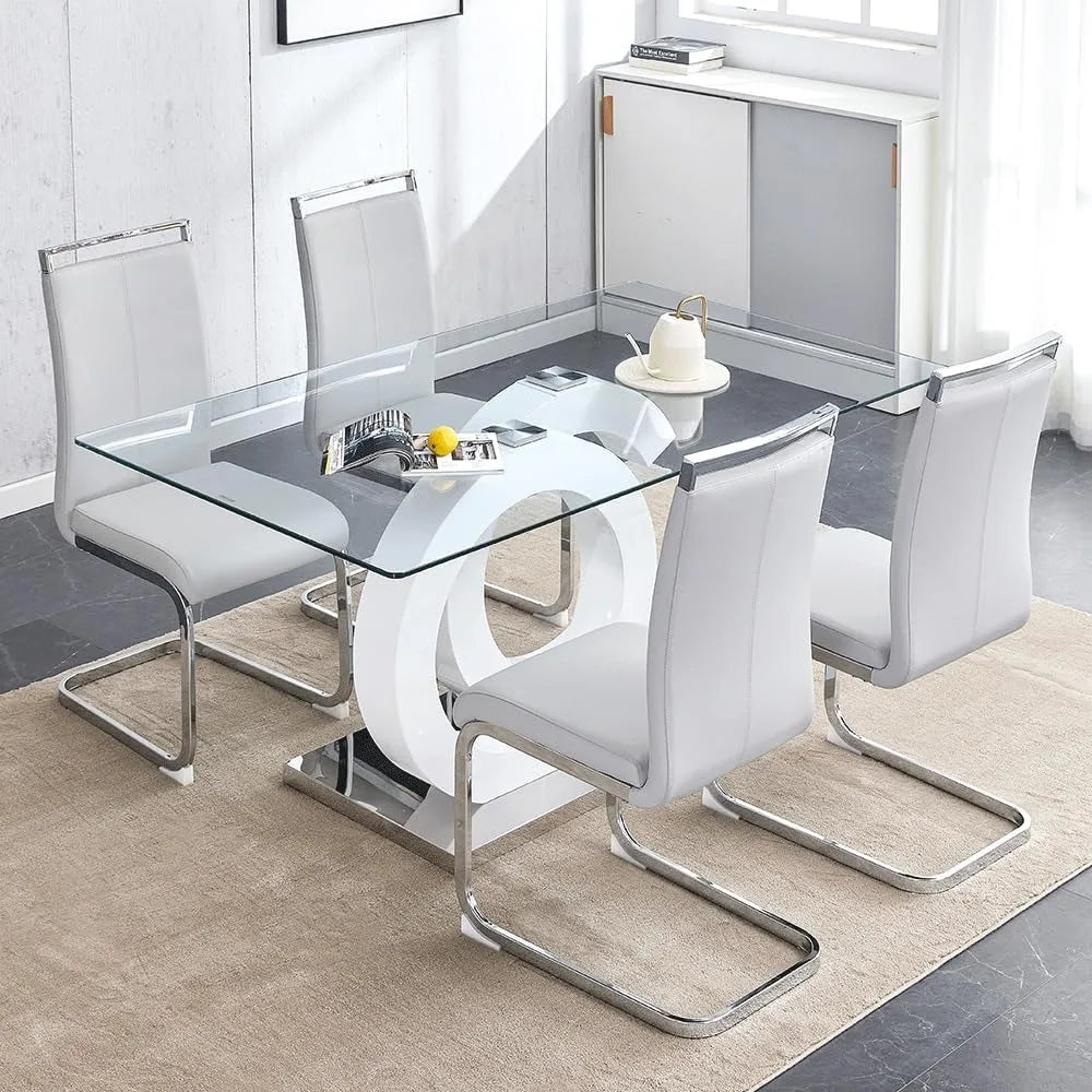 Dining table set, 63 inch modern glass dining table, 4 pieces of PU leather ergonomic home chairs, dining table set