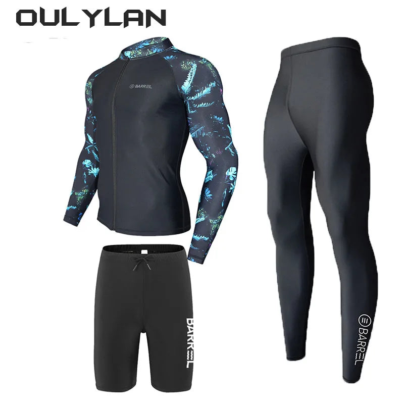 Men's 2-3 Piece Rash Guard with Boy Shorts Long Sleeve Zipper Swimsuit Bathing Suit Wetsuit Beachwear Tankini Tracksuit