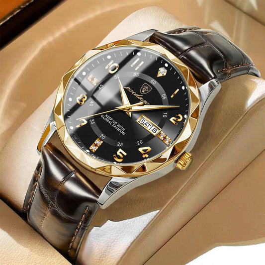 Luxury High Quality Luminous Date Week Watches for Men Sport Quartz Leather band Waterproof