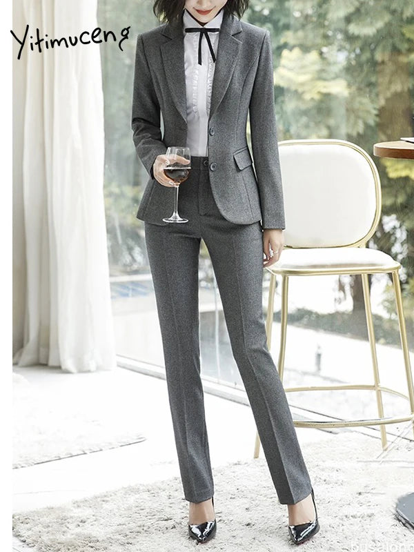 Ladies Pants Suits for Women New Long Sleeve Single Breasted Slim Blazer 2 Piece Set - theultimatemarketshop