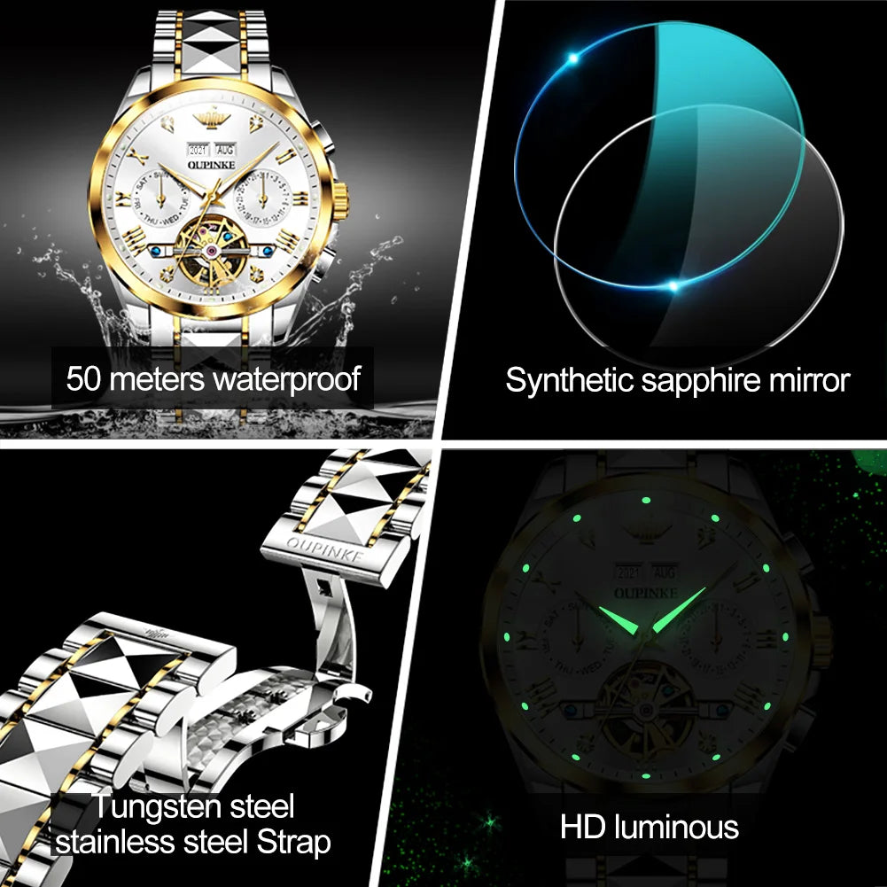 High Quality Luxury Skeleton Flywheel Automatic Watch for Men Waterproof Dual Calendar Brand Men's Wristwatch