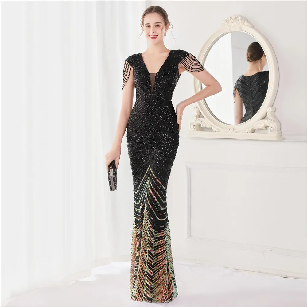 Elegant V Neck Mermaid Evening Dress Long Luxury Beads Women Evening Party Dresses New Formal Dress