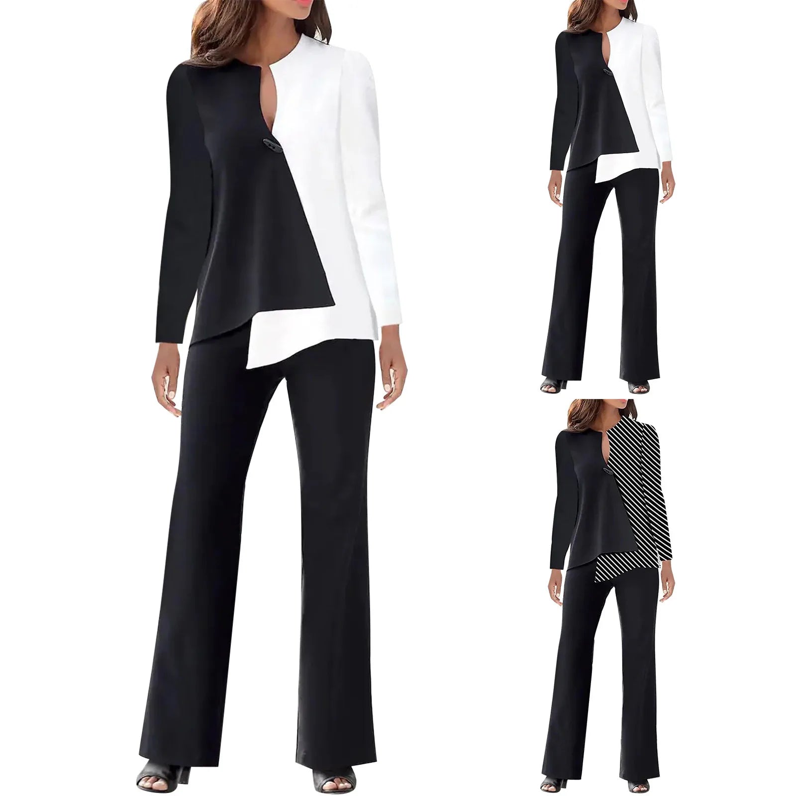 Office Lady 2 Piece Outfits Casual Long Sleeve Color block Top Loose Wide Leg Pants - theultimatemarketshop