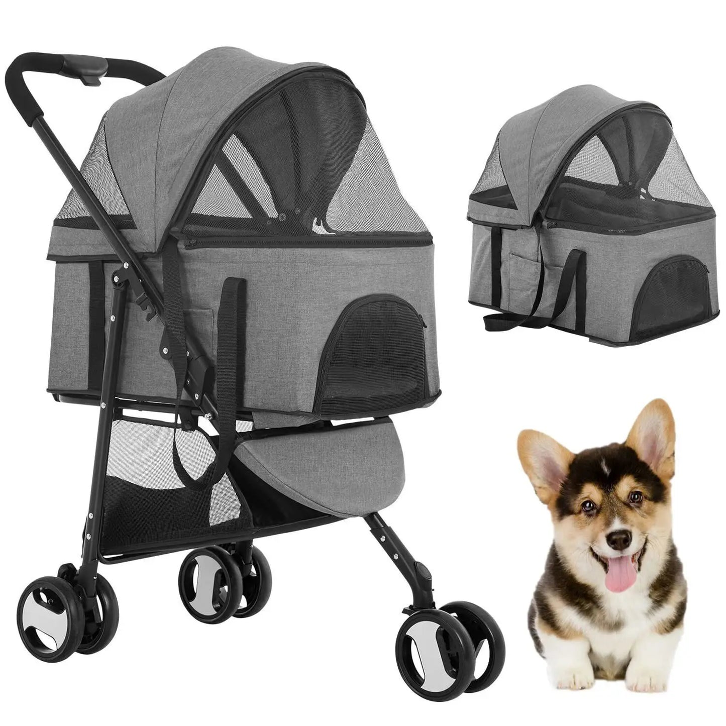 3 Wheels 3-in-1 Pet Stroller Dog Cat Folding Multifunction Travel Stroller Grey