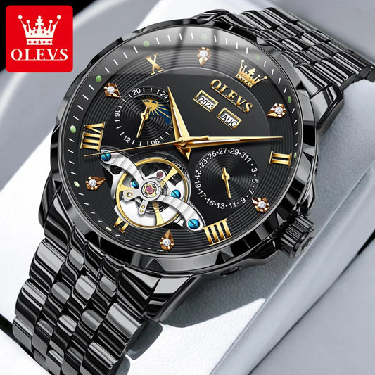 Men's Automatic Mechanical Wristwatch Luxury Skeleton Flywheel Design Moon Phase Waterproof Original Brand Man Watch