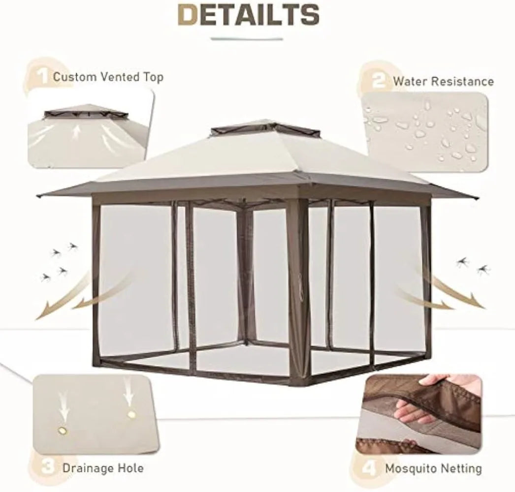 EAGLE PEAK 13x13 Pop-Up Gazebo Tent Instant w/Mosquito Netting，Outdoor Gazebo Canopy Easy Set-up Folding Shelter (Beige/Brown) - theultimatemarketshop