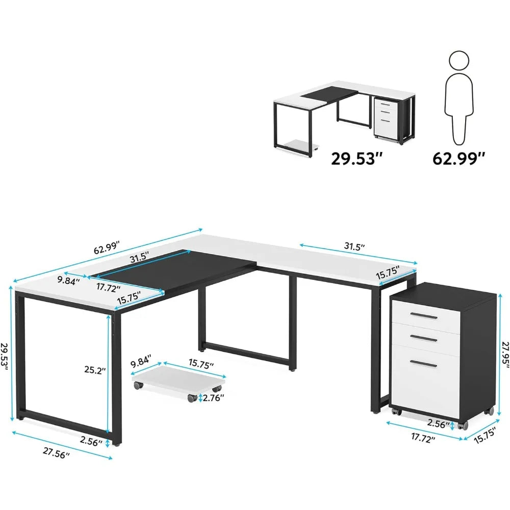 L-Shaped Computer Desk with, Large Executive Desk with 3 Drawer File Cabinet, Home Office Business Set