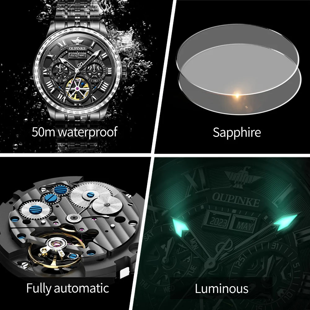 Original Automatic Mechanical Watch for Men Top Brand Luxury Skeleton Hollow  Diamond Lap Men's Calendar Wristwatch