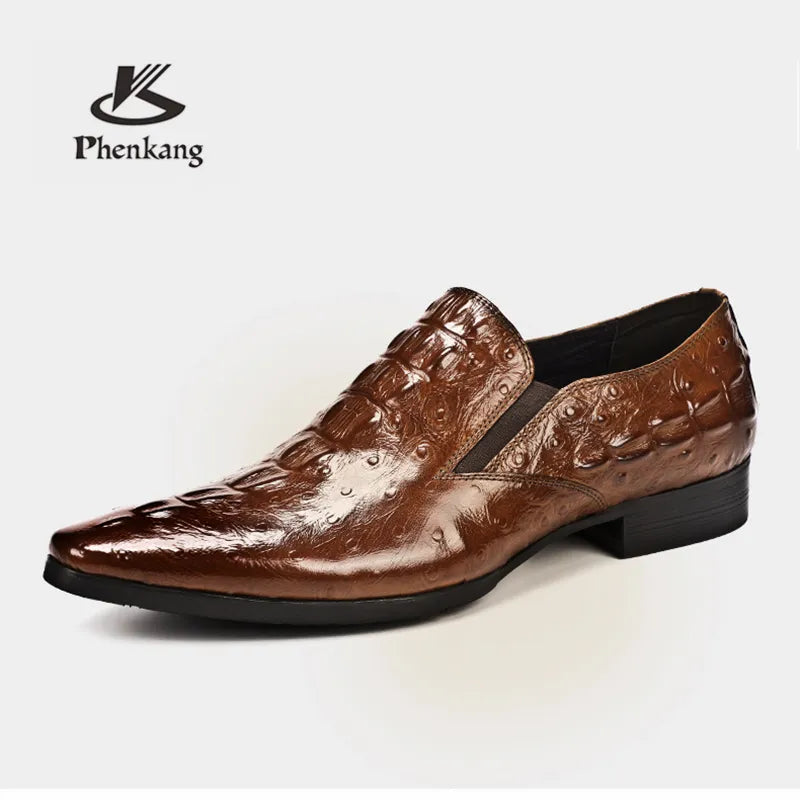 Phenkang Men Genuine Leather Pointed Toe Leather Crocodile Embossed Pattern Slip On Brogues Dress Shoes - theultimatemarketshop