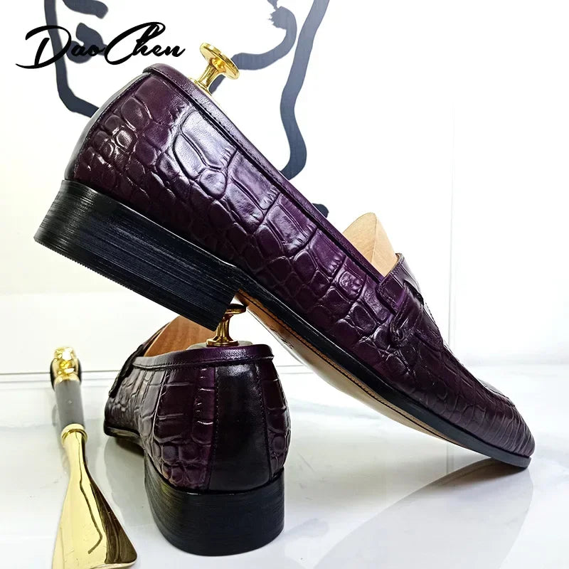 LUXURY  LEATHER MEN LOAFERS  SNAKE PRINT SLIP ON  PURPLE BLACK FOR OFFICE ,WEDDING - theultimatemarketshop