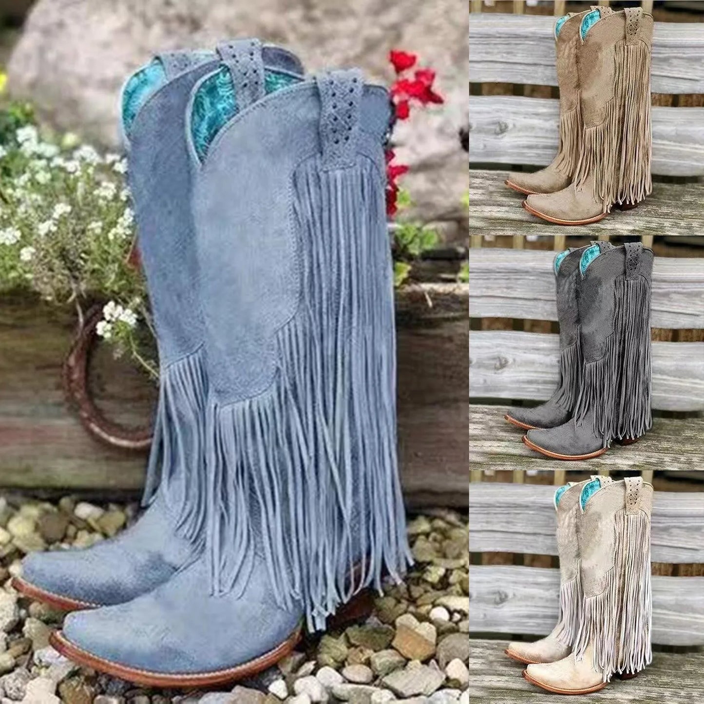 Women's Vintage Fringe Boots Knee-High Low Chunky Heel Pointed Toe Winter Boots High Quality Female Western Cowboy Boots