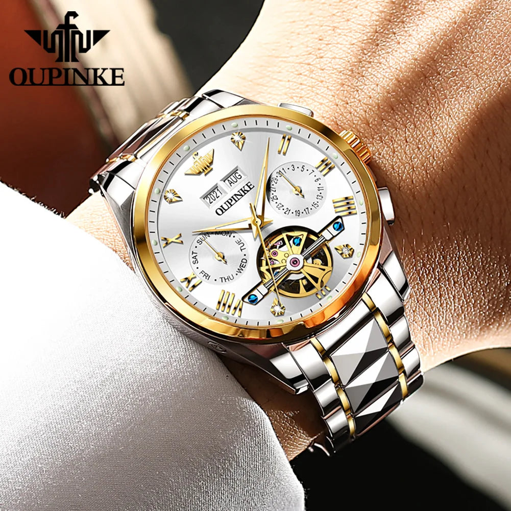 High Quality Luxury Skeleton Flywheel Automatic Watch for Men Waterproof Dual Calendar Brand Men's Wristwatch