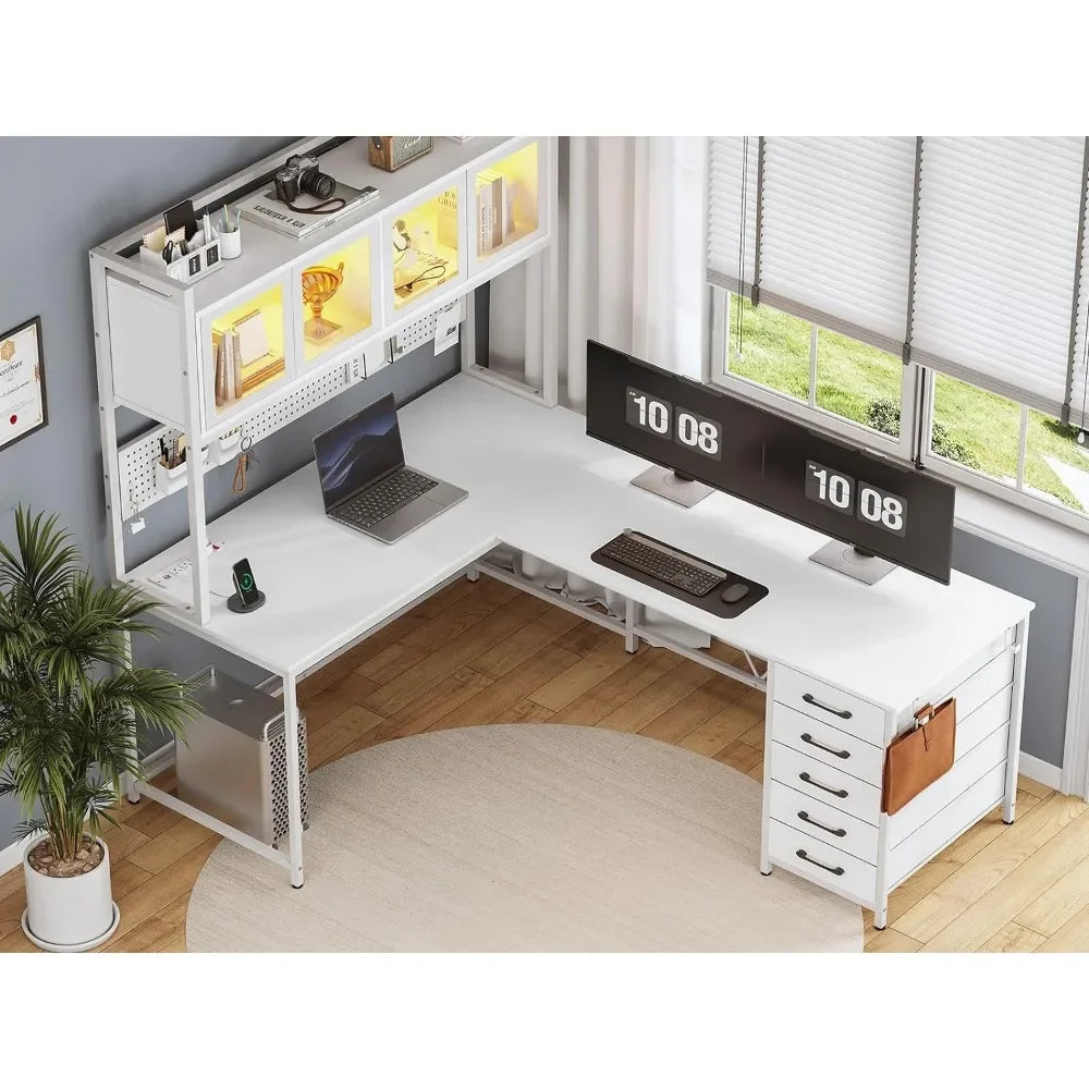 L-shaped Computer Desk with Storage Shelves, Pegboard, LED Lights, Sockets, Home Office Desk, Corner Table, Large Gaming Table