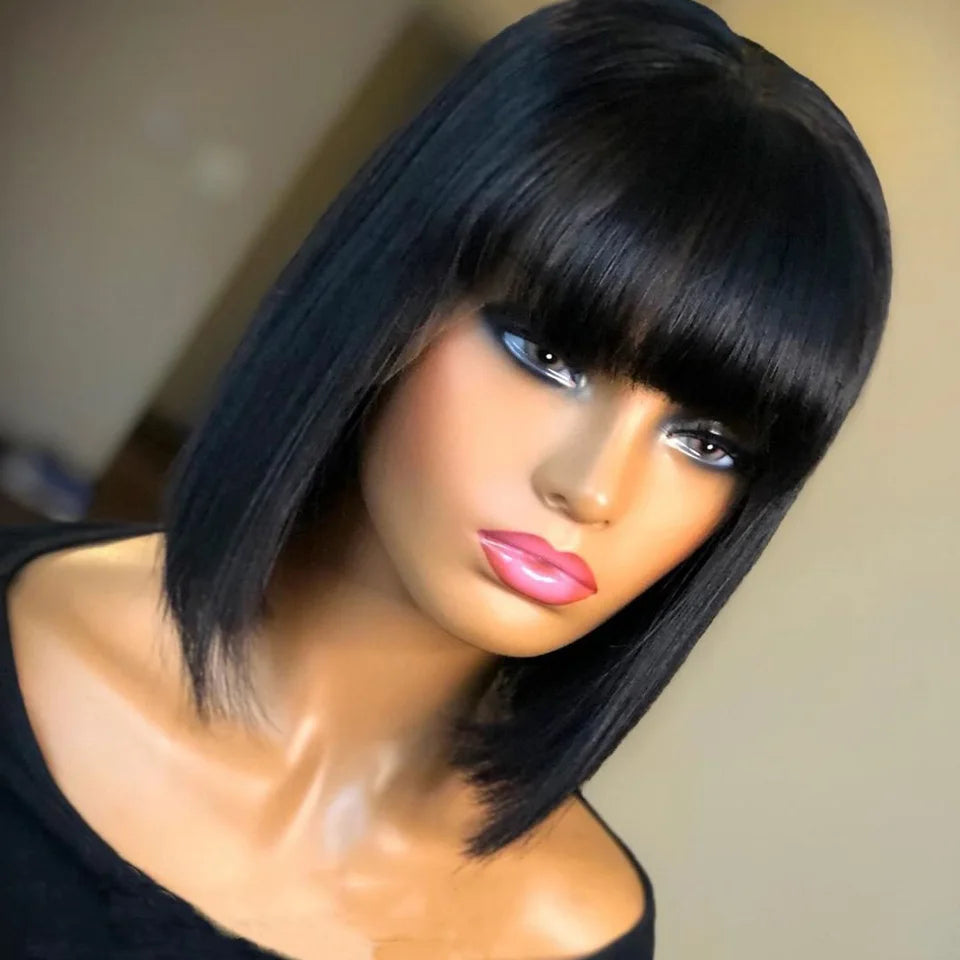 Short Straight Bob Wig With Bangs Short Brazilian Human Hair 200 density  No Lace - theultimatemarketshop