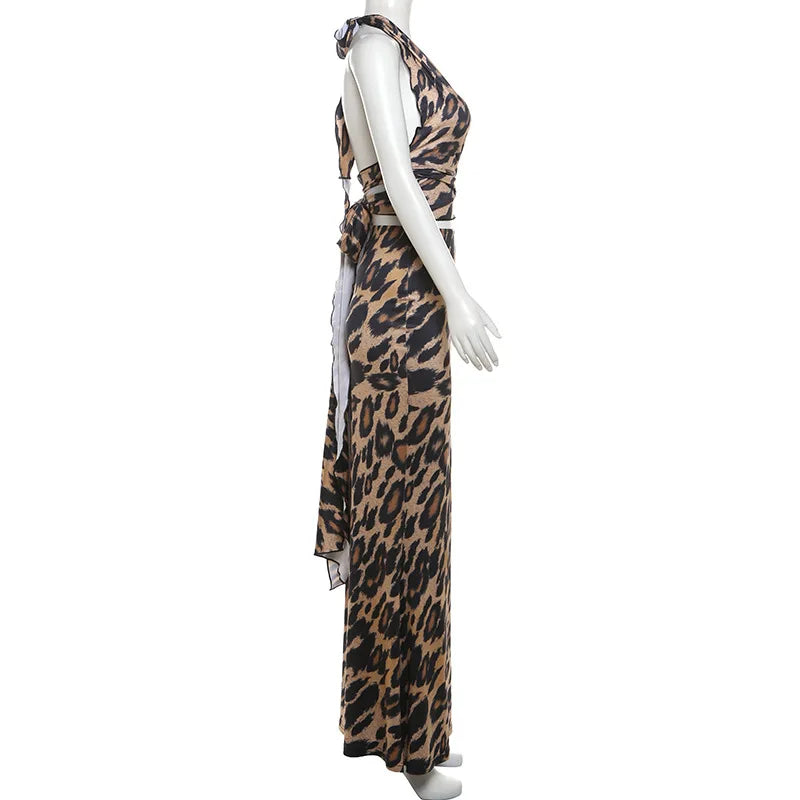 Leopard Print Bodycon Women Maxi Dress Set Summer Halter Backless Wrap Crop Top Long Skirts - theultimatemarketshop