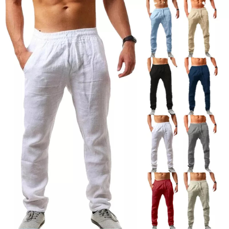 Men's New  Fashion  Casual Sport Pants Elastic Waist Cotton and Linen Solid Color Trousers - theultimatemarketshop