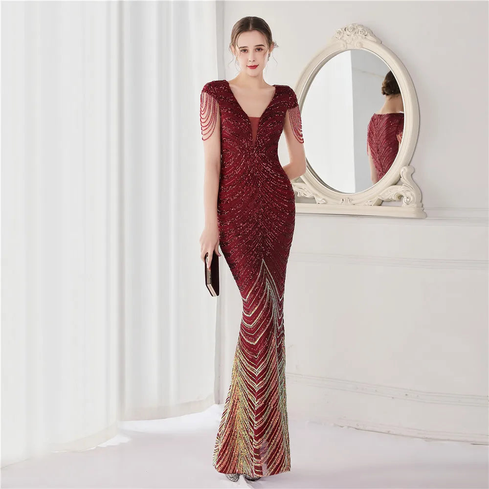 Elegant V Neck Mermaid Evening Dress Long Luxury Beads Women Evening Party Dresses New Formal Dress