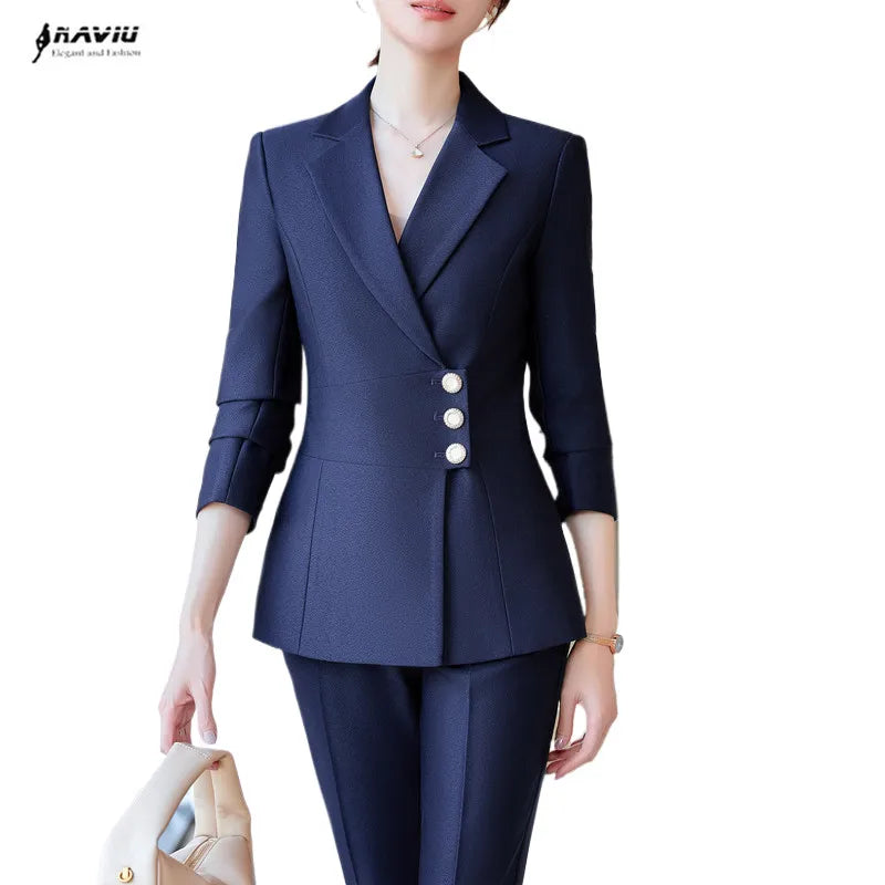 High Quality Pants Suit Ladies Blue Red Black Women Business Work Wear Formal 2 Piece Set Female Blazer Jacket And Trousers