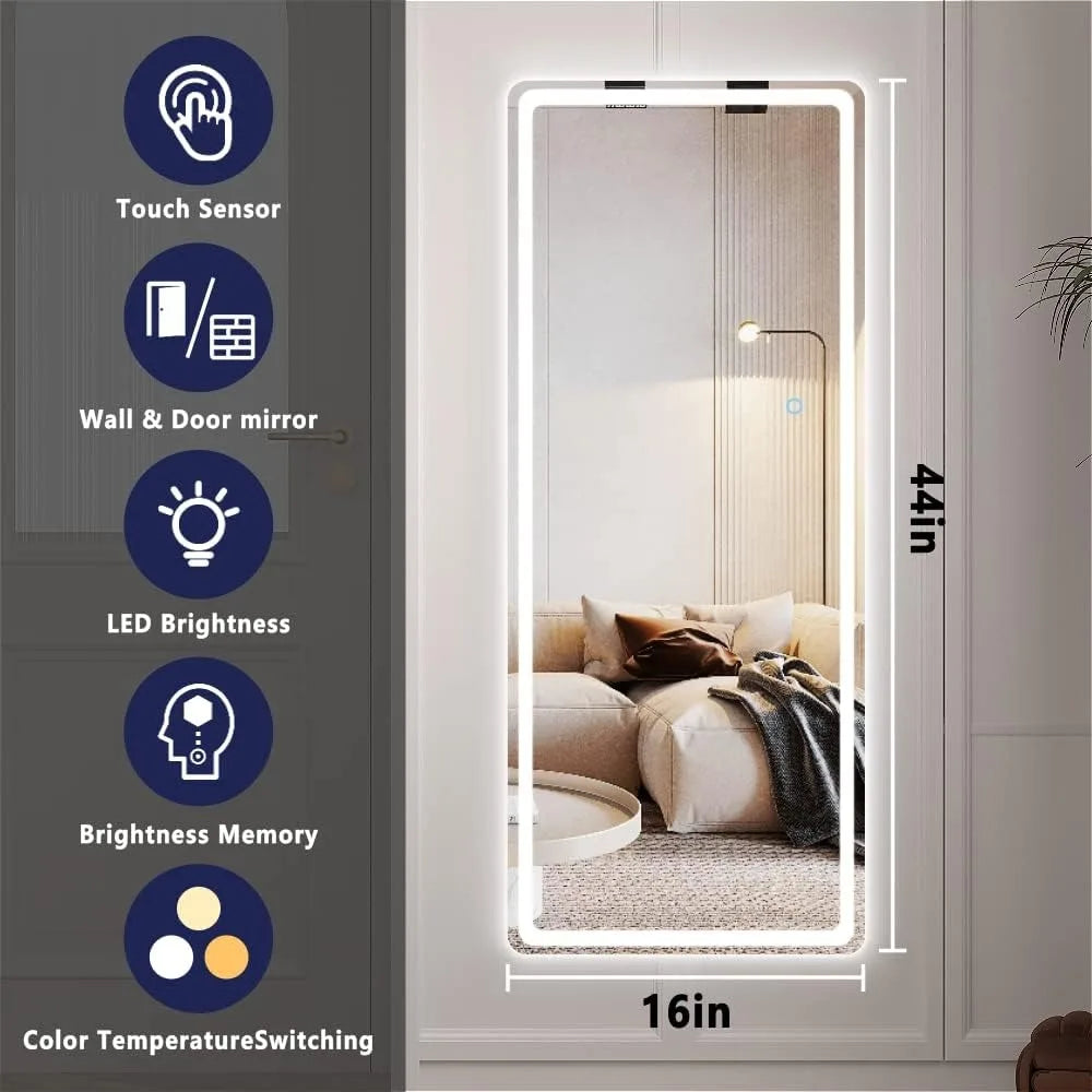 LED Door Mirror Full Length, 44" X 16" Lighted Over The Door Hanging Mirror, Full Body Wall Mounted Mirrors