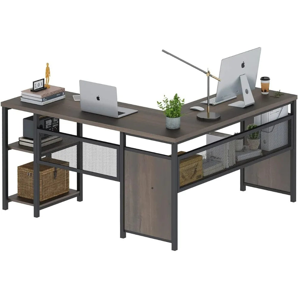 Office Desk Table Reversible Wood and Metal Corner Desk (Walnut Brown Furniture for Room 59 Inch) for Laptop and Gaming Table - theultimatemarketshop